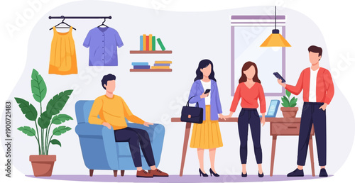 People interacting in a room with plants, clothing, and a desk