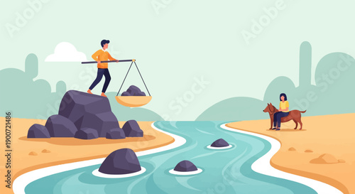 Person on rocks balances a scale, another rides dog on sandy shore by water
