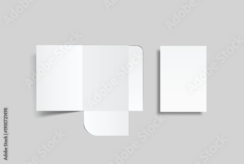 A4 Size paper folder mockup with bi fold design and pocket on isolated on background.Blank folded paper, open leaflet template for print layout, brochure, presentation document, flyer, catalogue, ads
