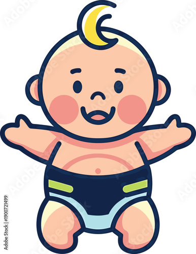 Cute cartoon baby with open arms and a smile.