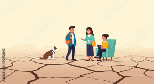 Stylized characters and dog interact in a barren, cracked landscape under a hazy sky