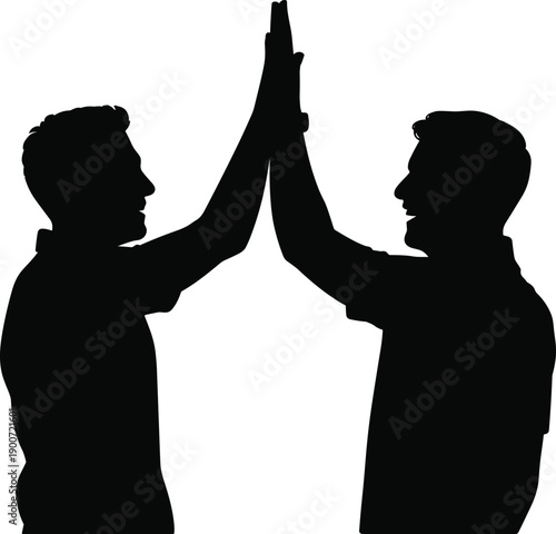 Two men giving high five silhouette, teamwork success partnership concept, celebration achievement gesture scene, business motivation moment, flat vector illustration