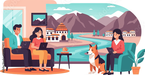 People working on laptops at home with a dog and mountain view