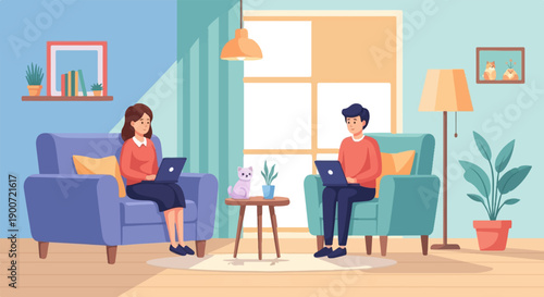 People working on laptops at home with a cat and plants