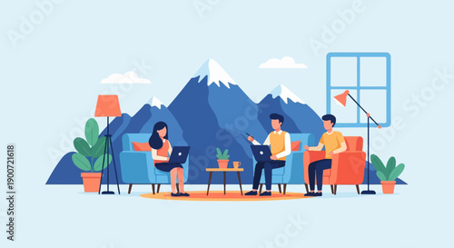 People working on laptops indoors with mountains visible through window