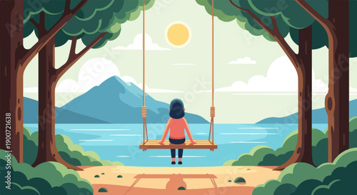 Person on swing overlooking lake and mountains under sunny sky