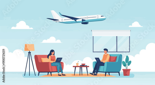 People working on laptops inside with a plane flying overhead