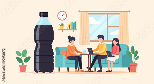 People working on laptops near a large drink bottle at home