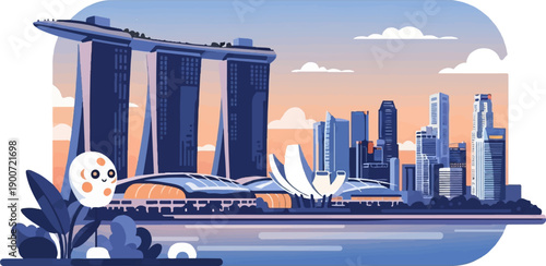 Stylized cityscape with unique building and friendly character