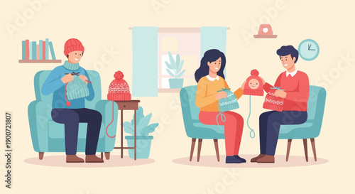 People knitting warm winter hats indoors on cozy chairs
