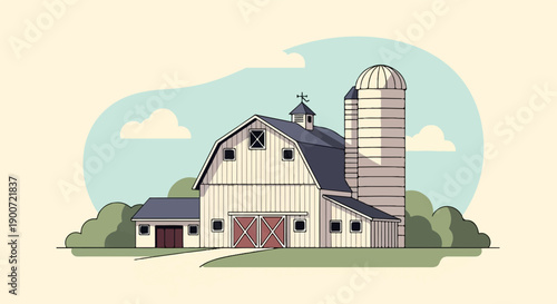 Stylized depiction of a traditional farm with a barn and silo