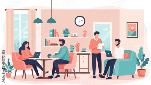 People working on laptops and tablets in a cozy, well-lit room