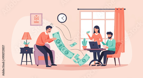 People lose money at home as a man expresses frustration, while others work