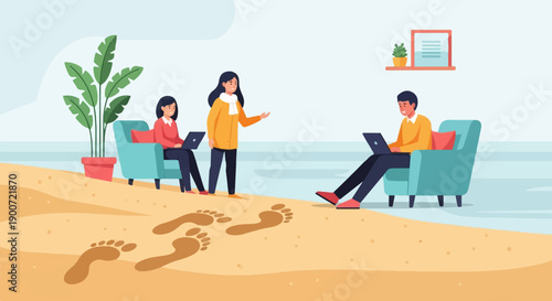 People working on laptops on a sandy beach near the ocean