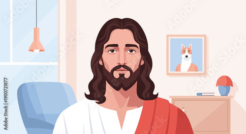 Stylized depiction of Jesus Christ in a comfortable room with a dog portrait