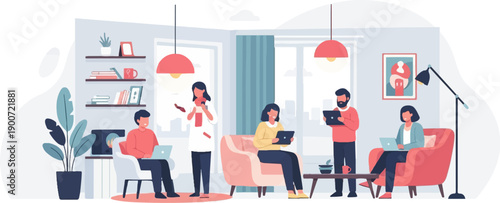 People working on laptops and tablets in a cozy, modern living room