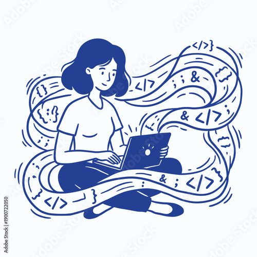 Woman Developer Working on Laptop Surrounded by Code Symbols Vector