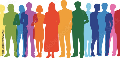 Colorful diverse people silhouettes illustration, inclusive multicultural community group, gender age identity representation, equality social concept, modern flat vector artwork