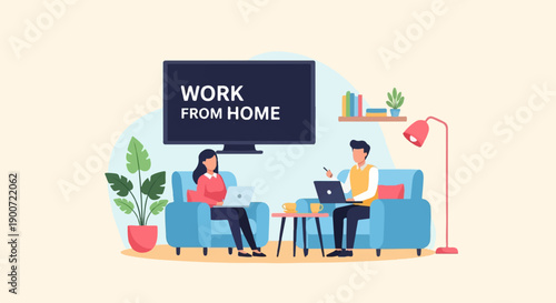 People working on laptops on couches at home, remote work illustration