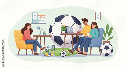 Three friends in a casual setting enjoying football discussion and snacks