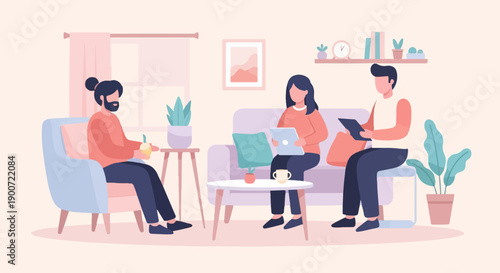 People meeting in a cozy room, discussing and working on devices