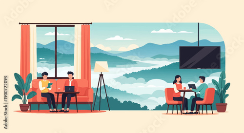 People working on laptops and reading with mountain views and indoor plants