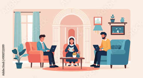 People working on laptops and reading in a living room with minimalist decor