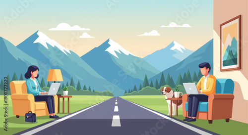 People working on laptops outdoors with a scenic mountain backdrop and a dog