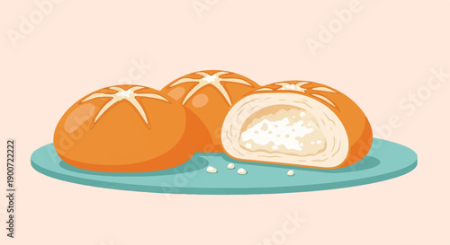 Three golden baked rolls, one sliced open, on a teal plate