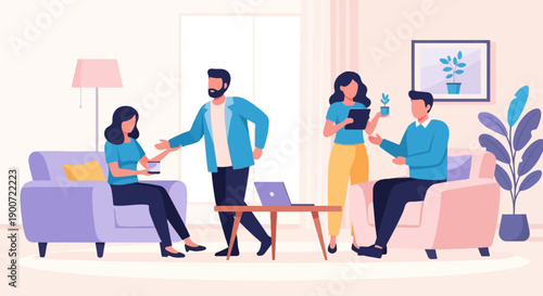 Stylized flat illustration of four people in a living room setting, engaged in conversation