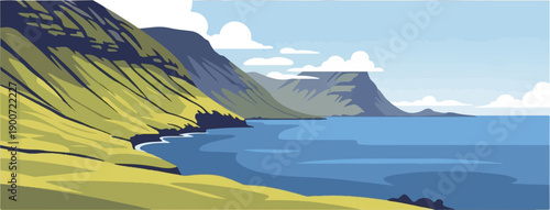 Pixelated landscape featuring grassy hills meeting a calm blue sea