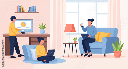 People working on laptops and computer at home in a cozy room