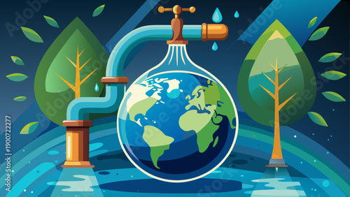 Very beautiful conceptual image showing Earth inside a dripping water drop from a faucet, symbolizing water scarcity, conservation urgency, and the fragile future of resources.