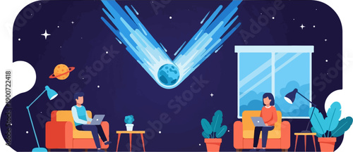 People working indoors with a comet and planet visible in the night sky