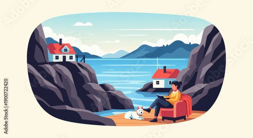 Person reading by the water with a dog and two houses