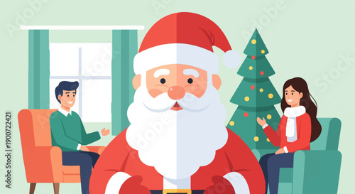 Santa Claus with a couple in a decorated room with a Christmas tree