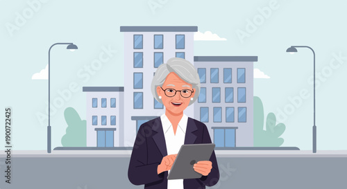 Smiling senior woman with glasses and tablet in front of modern buildings