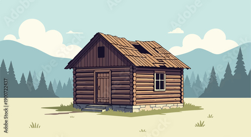 Pixelated log cabin with a damaged roof sits in a sparse grassy field