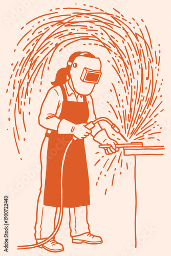 Line Art Graphic of Woman in Welding Mask and Sparks