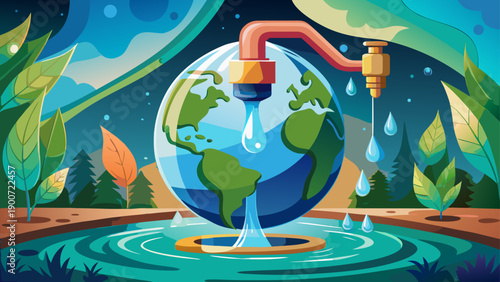 Very beautiful conceptual image showing Earth inside a dripping water drop from a faucet, symbolizing water scarcity, conservation urgency, and the fragile future of resources.