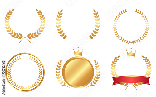 金色の月桂冠とクラウンの高級感あるデザインセット / Gold Laurel Wreath and Crown Award Vector Set