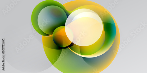 Abstract design features overlapping colorful circles. Gradient hues blend green, yellow, orange creating dynamic visual effect. Soft glow enhances composition.