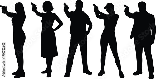 Armed people holding pistols silhouette collection, security and crime prevention concept characters, weapon action poses set, flat vector illustration