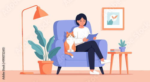 Person reading in armchair with cat and plant