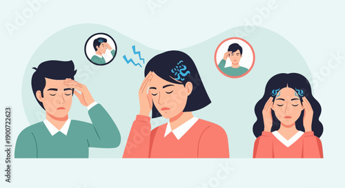 Three individuals experiencing head pain, some with internal brain imagery