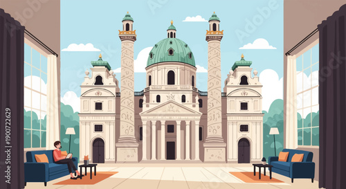 Person reads on sofa with large windows overlooking grand building