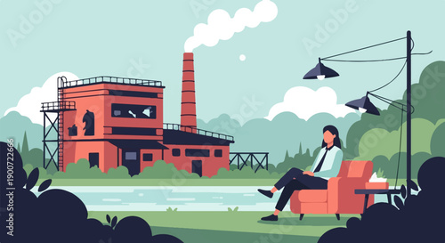 Person relaxes in chair by industrial building with smoking chimney