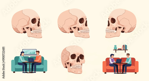 Pixelated skulls and people working on laptops in cozy settings