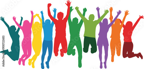 Colorful flat vector silhouettes of diverse people jumping together celebrating happiness freedom unity energy youth lifestyle and vibrant community spirit
