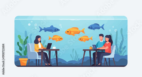 People working in a fish tank with aquatic life and plants